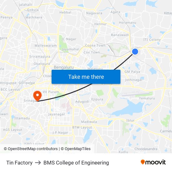 Tin Factory to BMS College of Engineering map