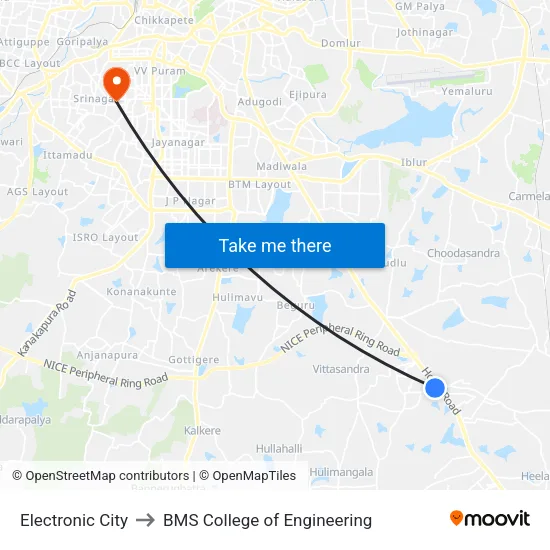 Electronic City to BMS College of Engineering map