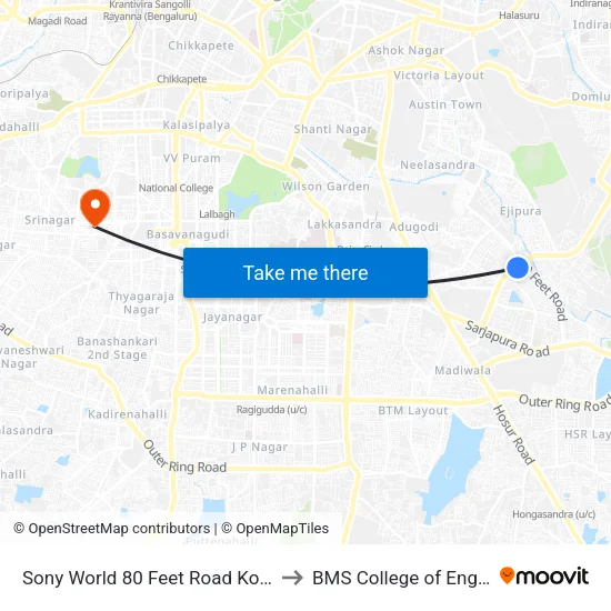 Sony World 80 Feet Road Koramangala to BMS College of Engineering map