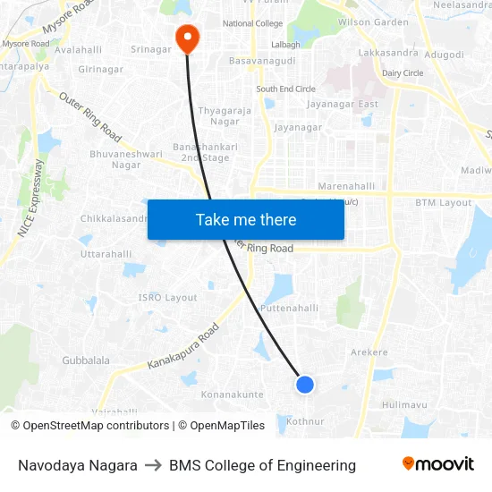 Navodaya Nagara to BMS College of Engineering map