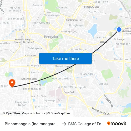 Binnamangala (Indiranagara R.T.O.Office) to BMS College of Engineering map