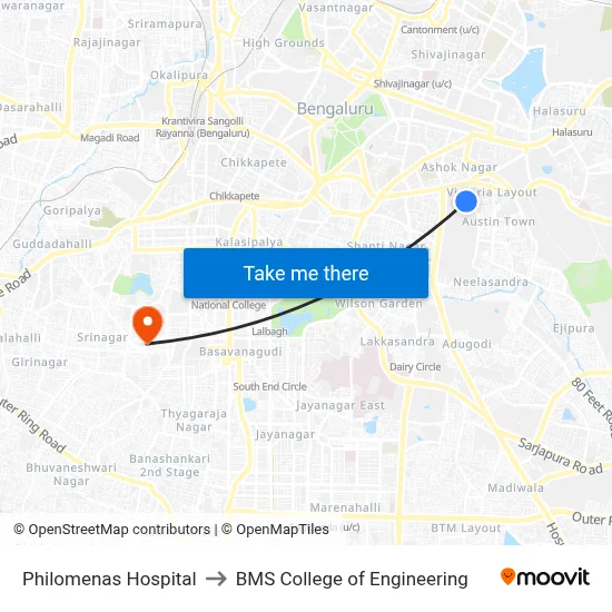 Philomenas Hospital to BMS College of Engineering map
