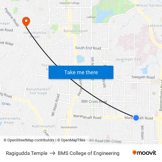 Ragigudda Temple to BMS College of Engineering map