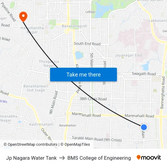 Jp Nagara Water Tank to BMS College of Engineering map