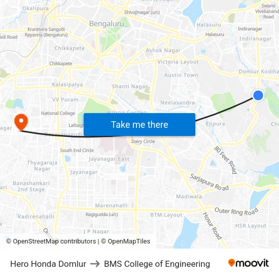 Hero Honda Domlur to BMS College of Engineering map