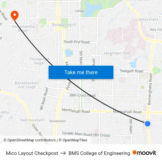 Mico Layout Checkpost to BMS College of Engineering map