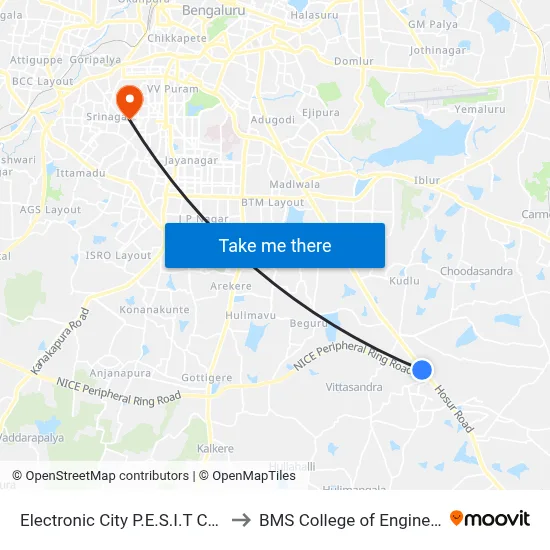 Electronic City P.E.S.I.T College to BMS College of Engineering map