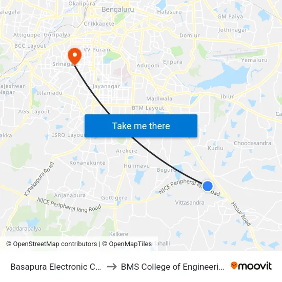 Basapura Electronic City to BMS College of Engineering map