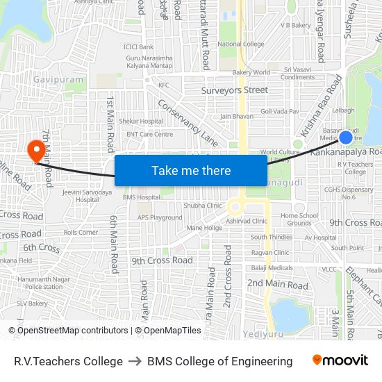 R.V.Teachers College to BMS College of Engineering map