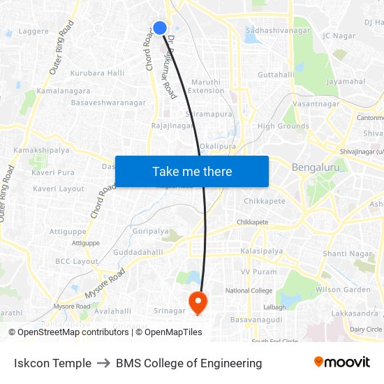 Iskcon Temple to BMS College of Engineering map