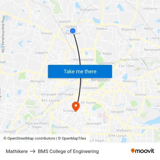 Mathikere to BMS College of Engineering map
