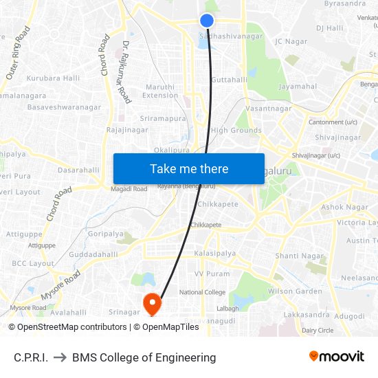 C.P.R.I. to BMS College of Engineering map