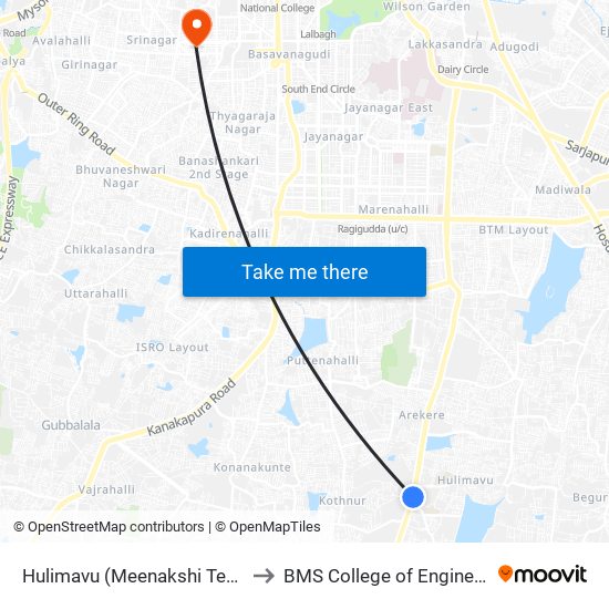 Hulimavu (Meenakshi Temple) to BMS College of Engineering map