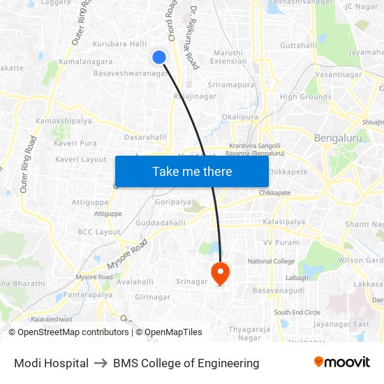 Modi Hospital to BMS College of Engineering map