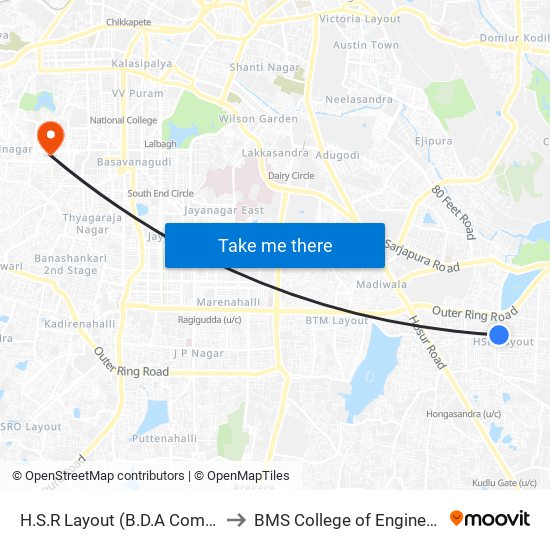 H.S.R Layout (B.D.A Complex) to BMS College of Engineering map