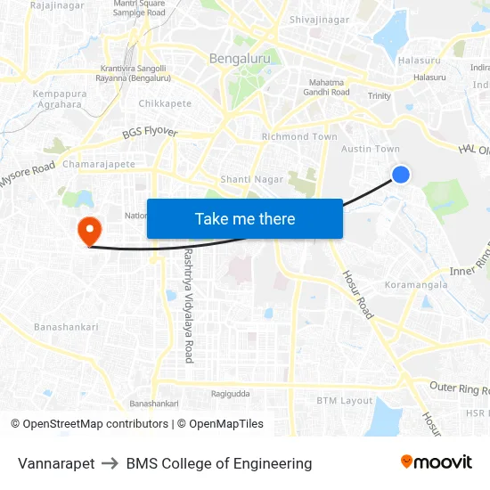 Vannarapet to BMS College of Engineering map