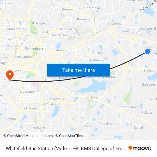 Whitefield Bus Station (Vydehi Hospital) to BMS College of Engineering map