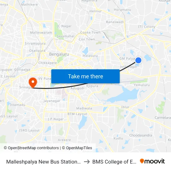Malleshpalya New Bus Station (Vignananagar) to BMS College of Engineering map