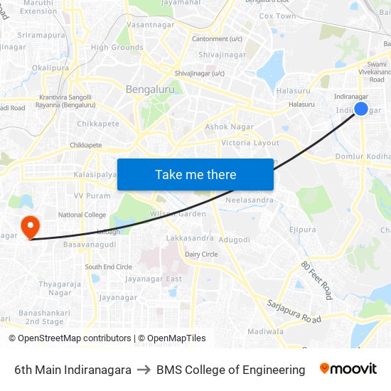 6th Main Indiranagara to BMS College of Engineering map