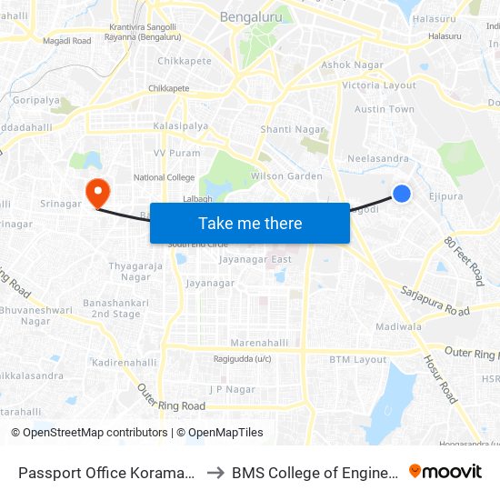 Passport Office Koramangala to BMS College of Engineering map