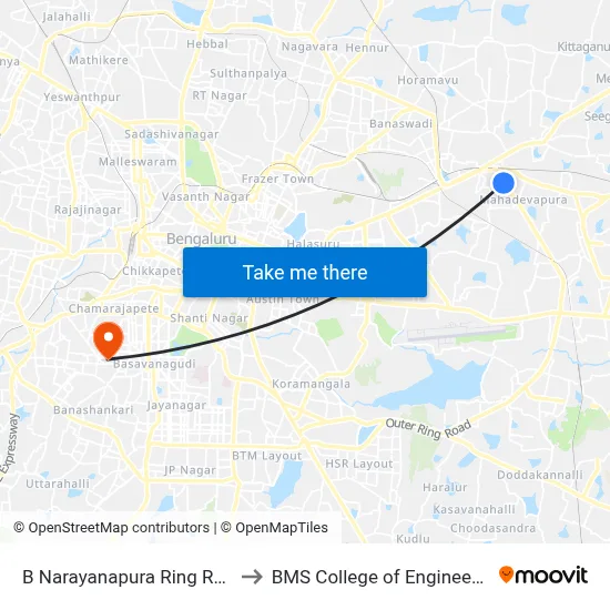 B Narayanapura Ring Road to BMS College of Engineering map