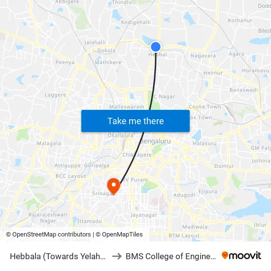 Hebbala (Towards Yelahanka) to BMS College of Engineering map