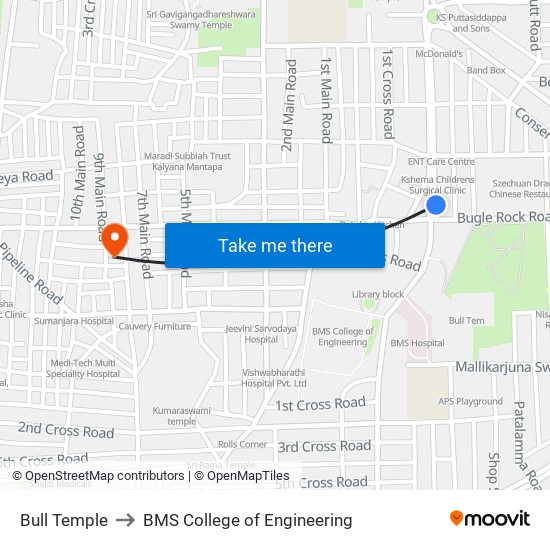 Bull Temple to BMS College of Engineering map