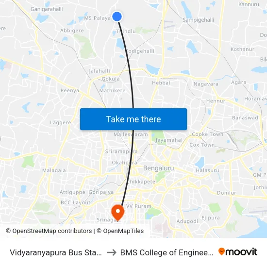 Vidyaranyapura Bus Station to BMS College of Engineering map