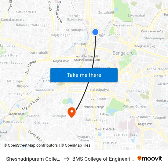 Sheshadripuram College to BMS College of Engineering map