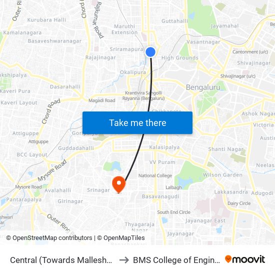 Central (Towards Malleshwaram) to BMS College of Engineering map