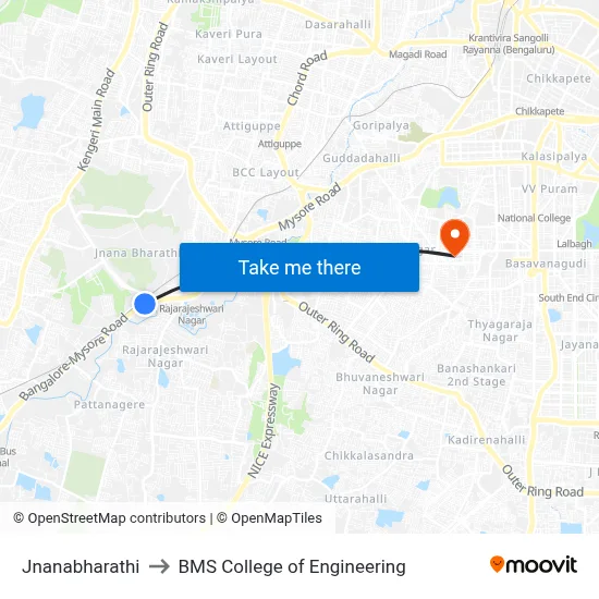 Jnanabharathi to BMS College of Engineering map