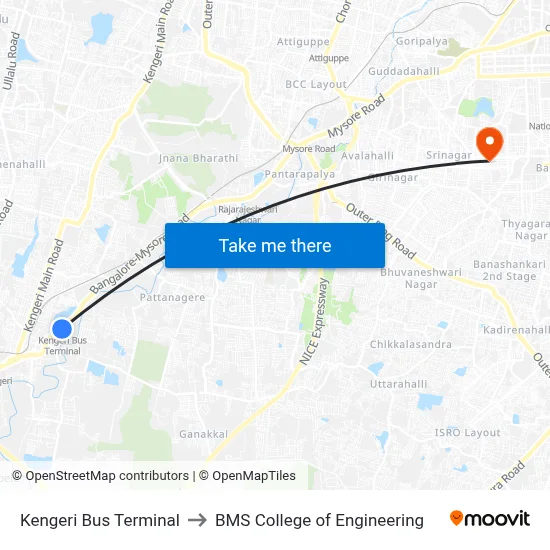 Kengeri Bus Terminal to BMS College of Engineering map