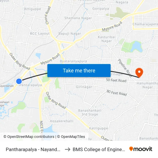 Pantharapalya - Nayandahalli to BMS College of Engineering map