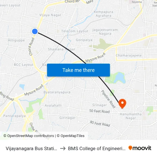 Vijayanagara Bus Station to BMS College of Engineering map