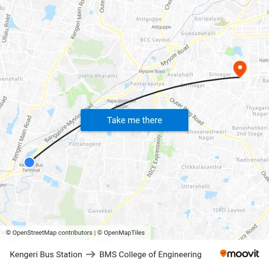 Kengeri Bus Station to BMS College of Engineering map
