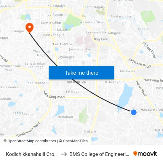 Kodichikkanahalli Cross to BMS College of Engineering map
