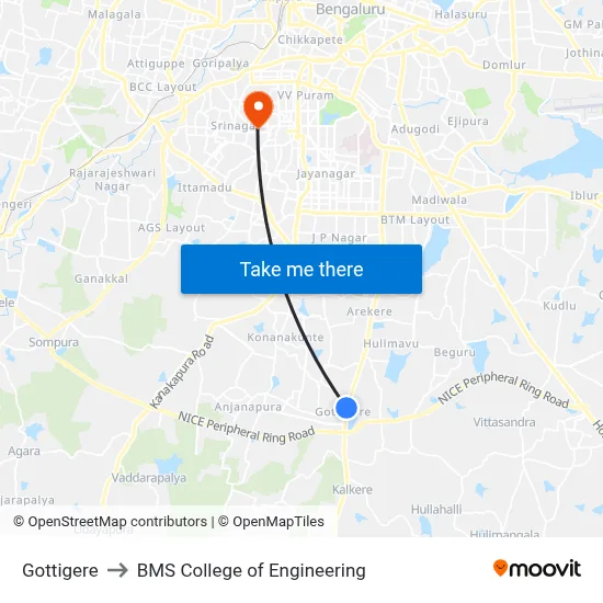 Gottigere to BMS College of Engineering map