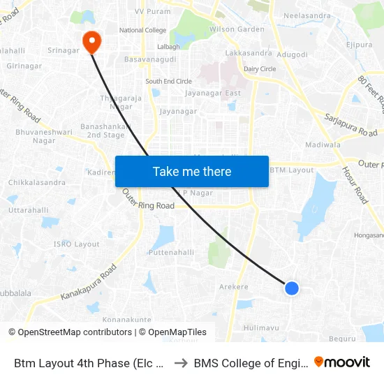 Btm Layout 4th Phase (Elc Rto Office) to BMS College of Engineering map