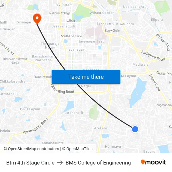 Btm 4th Stage Circle to BMS College of Engineering map
