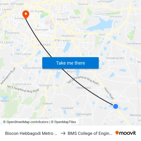 Biocon Hebbagodi Metro Station to BMS College of Engineering map