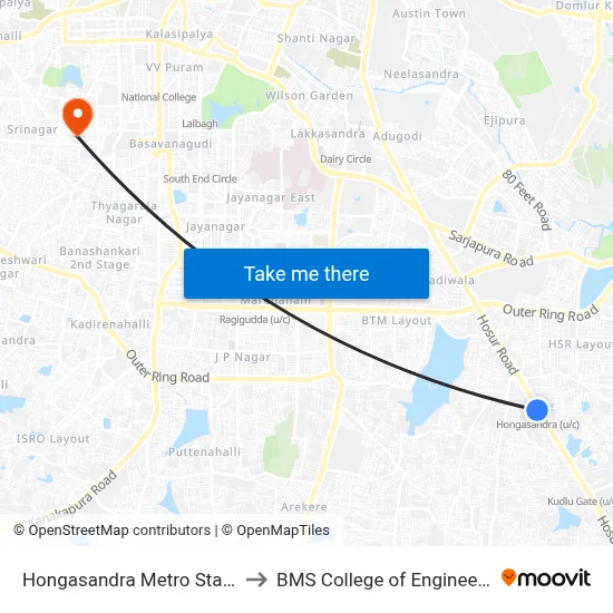Hongasandra Metro Station to BMS College of Engineering map