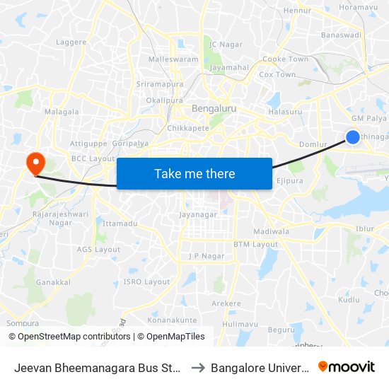 Jeevan Bheemanagara Bus Station to Bangalore University map