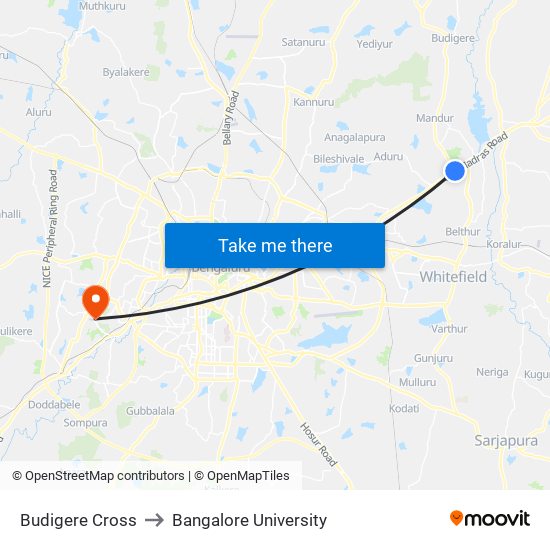 Budigere Cross to Bangalore University map