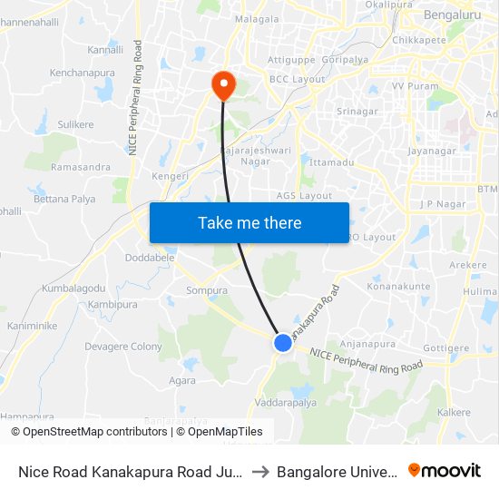 Nice Road Kanakapura Road Junction to Bangalore University map