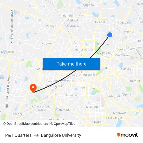 P&T Quarters to Bangalore University map