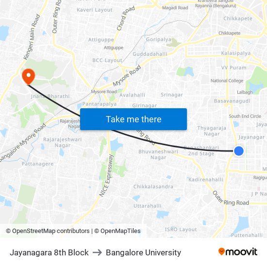 Jayanagara 8th Block to Bangalore University map