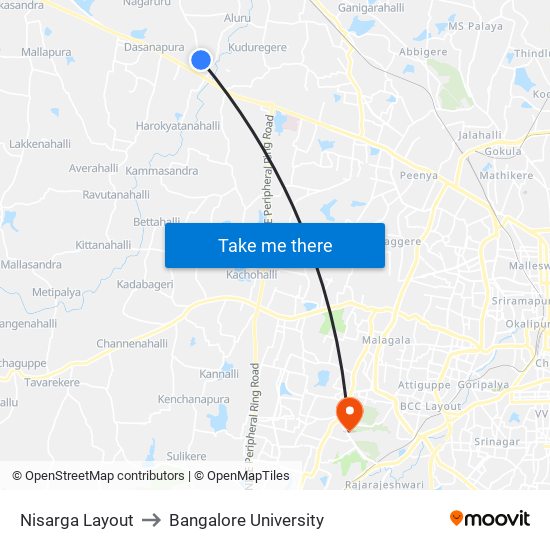 Nisarga Layout to Bangalore University map