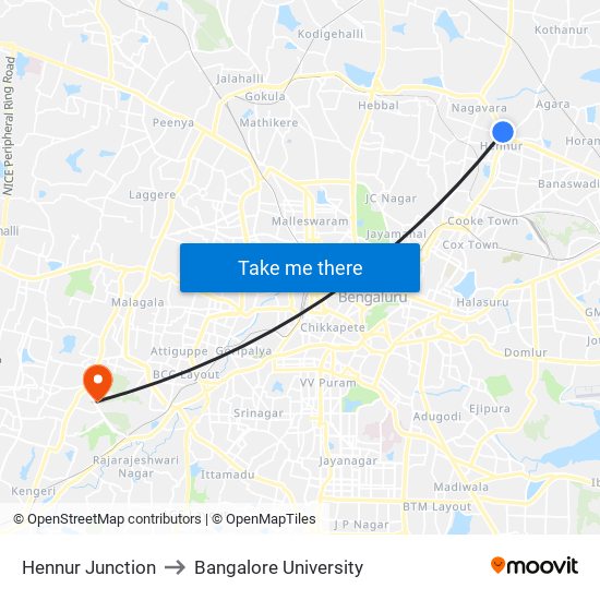 Hennur Junction to Bangalore University map