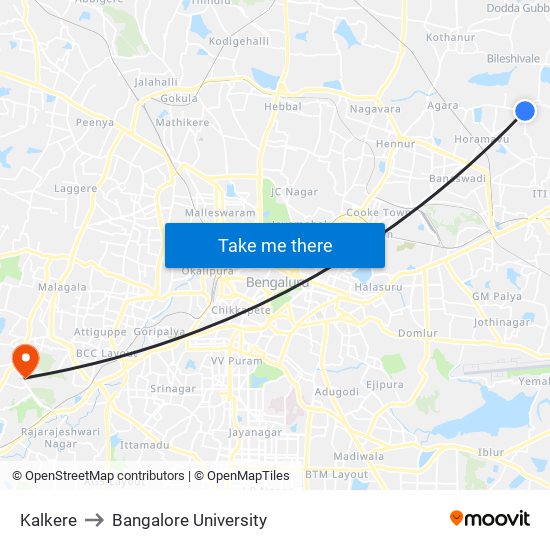 Kalkere to Bangalore University map