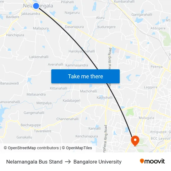Nelamangala Bus Stand to Bangalore University map